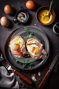 A breakfast of eggs benedict with crusty sourdough bread.