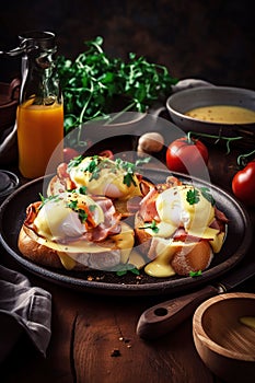 A breakfast of eggs benedict with crusty sourdough bread.