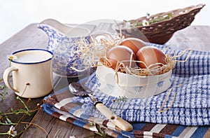 Breakfast with eggs on blue kitchen towels