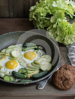 Breakfast with eggs, breakfast, yacha fried, in pan, simple breakfast