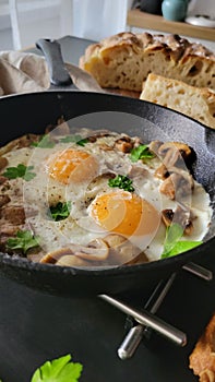 Breakfast with eggs end mushrooms in a ironcast pan