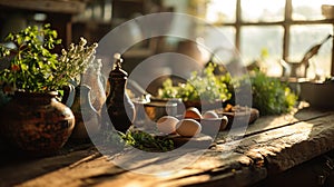 breakfast eggs and herbs, macro shot, vintage farm table, fresh morning, local farm.