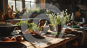 breakfast eggs and herbs, macro shot, vintage farm table, fresh morning, local farm.