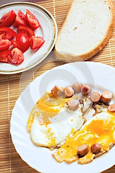 Breakfast with eggs, sausage and bread