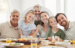 Breakfast, family and portrait with parents, kid and happy grandparent together in a home. Love, support and care on a