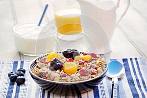 Breakfast featuring muesli and dried fruit