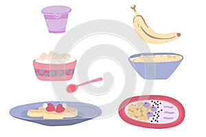 Breakfast flat design set with milk products cottage cheese yogurt