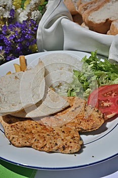 Breakfast flatbread with chicken steak salad