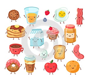 Breakfast food characters. Funny cartoon lunch apple eggs toast cake salt. Tasty breakfast comic friends vector set