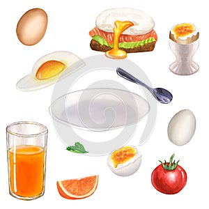 Breakfast food collection, meals for morning as fried eggs, juice, orange, tomato, parsley, poached, plate. Hand drawn