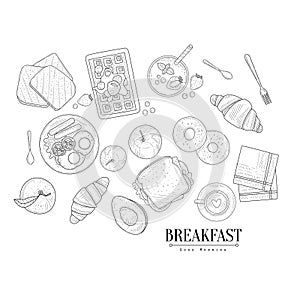 Breakfast Food Drawings Set Hand Drawn Realistic Sketch