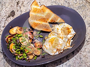 Breakfast food with eggs, toast and vegetables