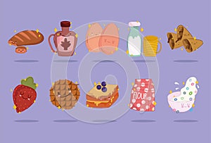 Breakfast food fresh cartoon cute icons bread syrup bottle milk cereal fruit cookie and sandwich