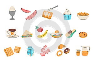 Breakfast food icons. Brunch meal. Avocado sandwich. Egg and croissant. Bread toast. Juice glass. Apple and banana