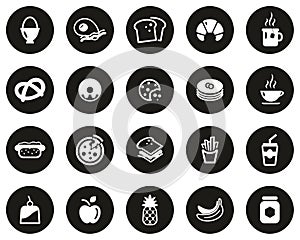 Breakfast Or Food Icons White On Black Flat Design Circle Set Big
