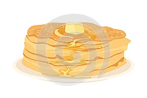 Breakfast food menu pancakes stack with melted butter on plate isolated on white background