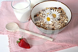 Breakfast food oatmeal muesli in ceramic blue bowl, on pink teatowel. Glass of milk.