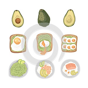 Breakfast food on plate set, top view vector illustration. Cartoon morning dish menu collection for cafe, home or hotel