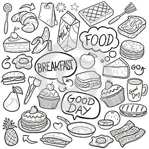 Breakfast Food Traditional Doodle Icons Sketch Hand Made Design Vector photo