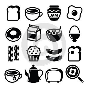 Breakfast food vector icons set - toast, eggs, bacon, coffee