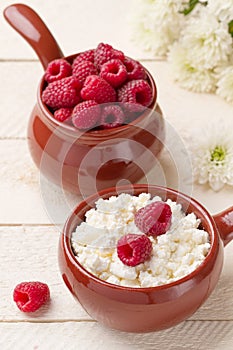 Breakfast with fresh cottage cheese and raspberries in ceramic u