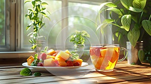 breakfast of fresh fruit salad and yogurt parfait with a steaming cup of herbal tea on the wooden table.