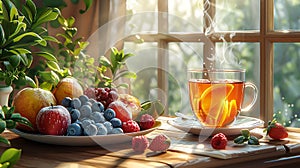 breakfast of fresh fruit salad and yogurt parfait with a steaming cup of herbal tea on the wooden table.