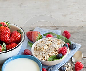 Breakfast with Fresh greek yogurt, muesli and berries