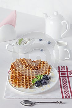 Breakfast.Fresh waffles on a white plate with blackberries and mint leaves on a white table.