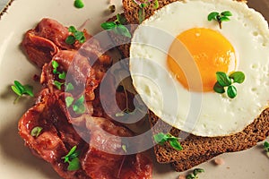 Breakfast, fried egg with bacon, micro-green, on a light background, no people, selective focus,
