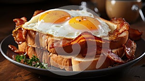 Breakfast with fried egg and bacon on wooden table, closeup