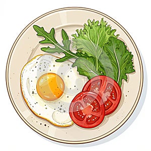 Breakfast fried egg tomato and green salad
