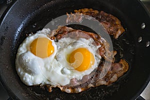 Breakfast with fried eggs and bacon closeup