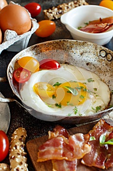 Breakfast with fried eggs and bacon - Continental breakfast