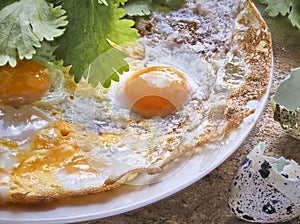 Breakfast. fried eggs with greens on a white plate. next to the eggshell