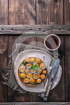 Breakfast with fried mini eggs and breadm copy space