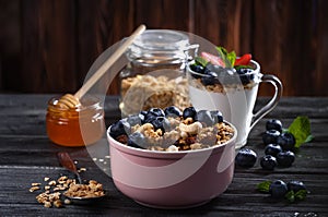 Breakfast with fruits, berries, granola.