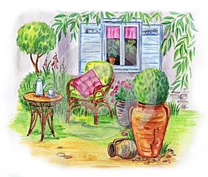 Breakfast in the garden, watercolor illustration.