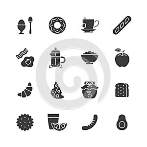 Breakfast glyph icon set. Vector collection symbol with egg, donut, apple, croissant, avocado, tea cup, toast, coffee