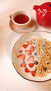 Breakfast with granola and berries and raspberry tea.