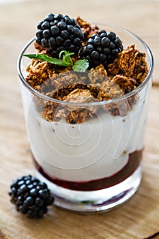 Breakfast - granola, yogurt, berries, wheat