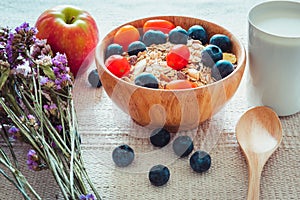 Breakfast Healthy Nature Vegetarian Food With Milk, Granola, Muesli and Natural Fresh Fruit on The Table., Granola With Yogurt for