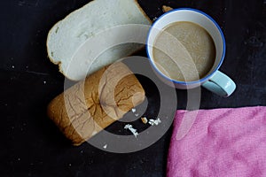 Breakfast hot coffee and bread background