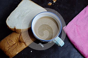 Breakfast hot coffee and bread background