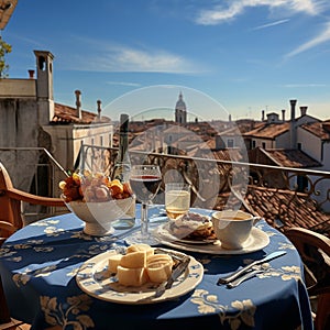 Breakfast on the hotel balcony in Italy. The concept of relaxation, vacation, holidays in Italy. 9