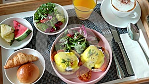 Breakfast in Hotel, Room Service - Eggs Benedict, Green Salad, Fresh Fruits