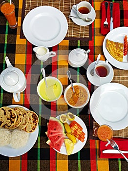 Breakfast at the hotel in Sri Lanka. Fresh fruits and pancakes