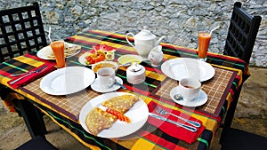 Breakfast at the hotel in Sri Lanka. Fresh fruits and pancakes