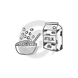 Breakfast icon isolated on white background. milk box with cereal in the bowl with spoon illustration. hand drawn vector. doodle a