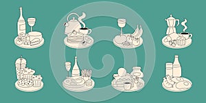 Breakfast icons. Wine, coffee and tea. Tasty dinner or lunch on plate, cheese deli, drink cup, healthy food cooking
